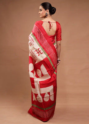 Cream Printed Pure Silk Saree Without Blouse Piece