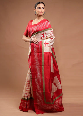 Cream Printed Pure Silk Saree Without Blouse Piece