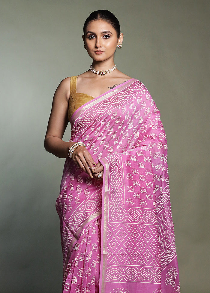 Pink Chanderi Cotton Saree With Blouse Piece