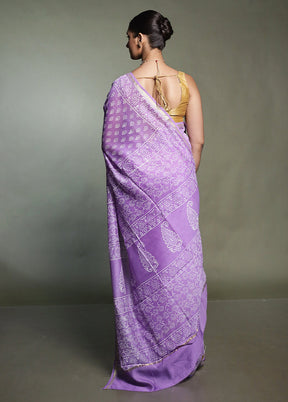 Purple Chanderi Cotton Saree With Blouse Piece