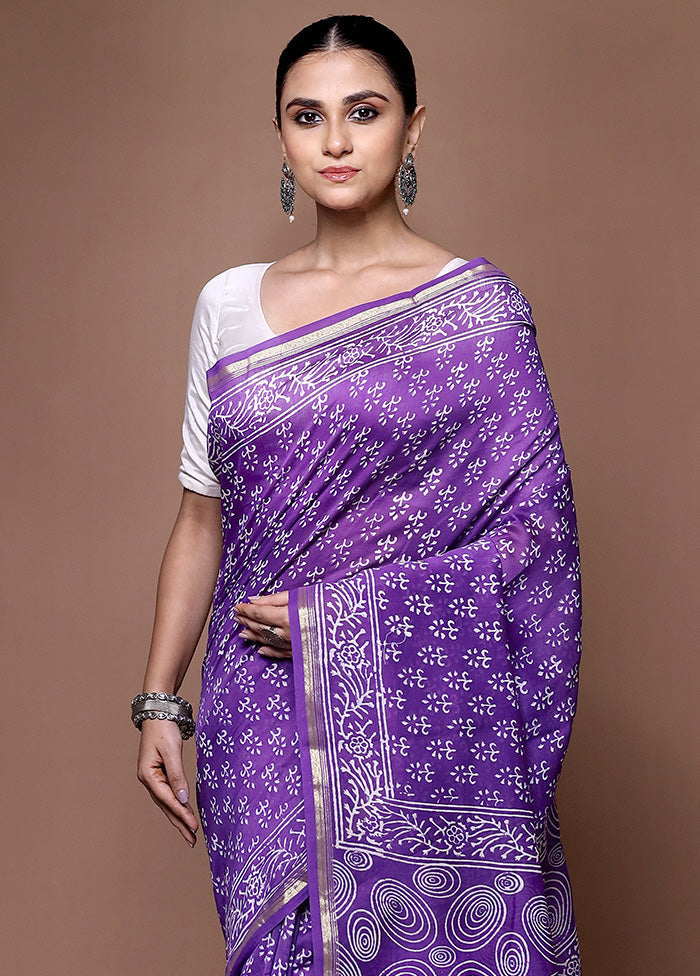 Purple Chanderi Cotton Saree With Blouse Piece