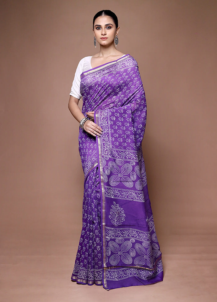 Purple Chanderi Cotton Saree With Blouse Piece