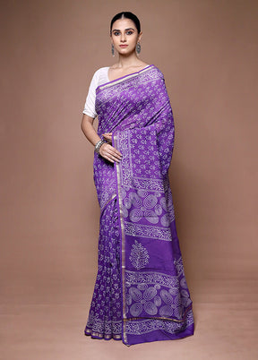 Purple Chanderi Cotton Saree With Blouse Piece