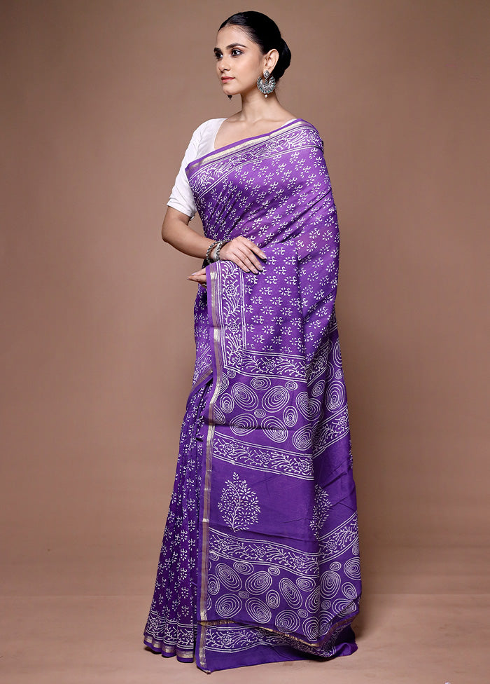 Purple Chanderi Cotton Saree With Blouse Piece