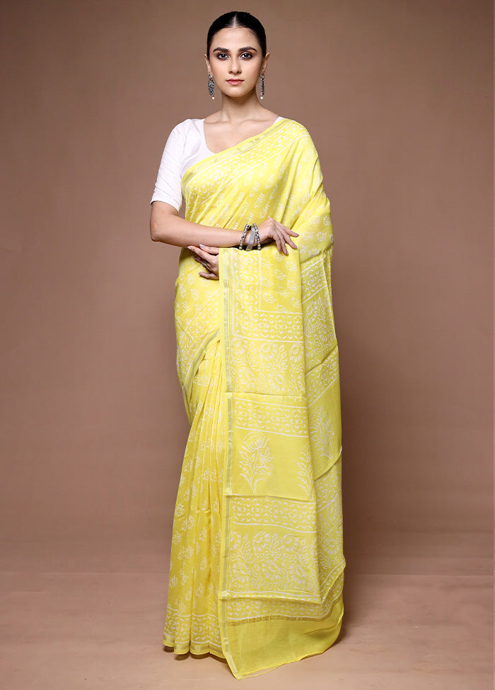 Yellow Chanderi Cotton Saree With Blouse Piece