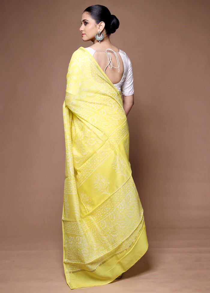 Yellow Chanderi Cotton Saree With Blouse Piece