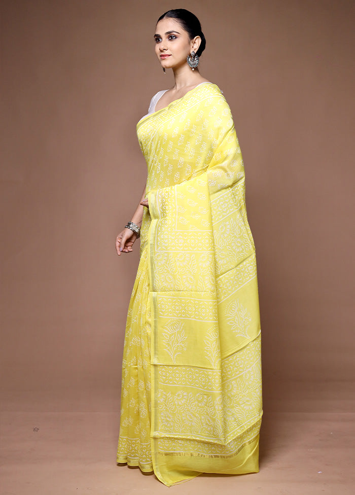 Yellow Chanderi Cotton Saree With Blouse Piece