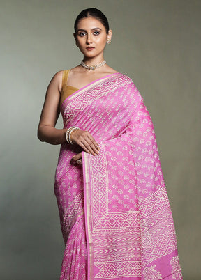 Pink Chanderi Cotton Saree With Blouse Piece