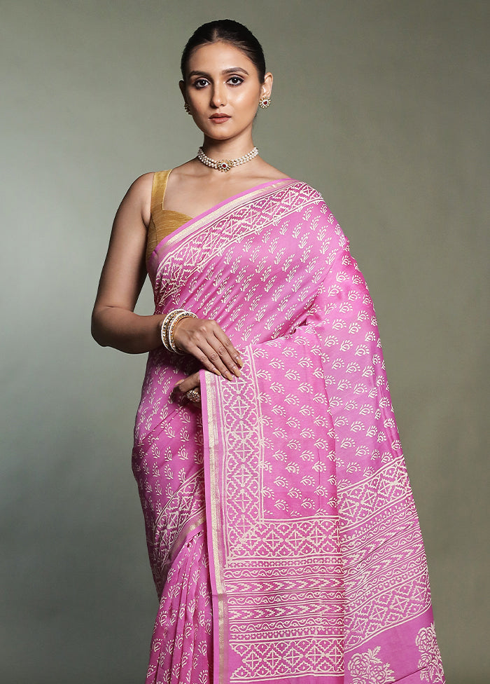 Pink Chanderi Cotton Saree With Blouse Piece