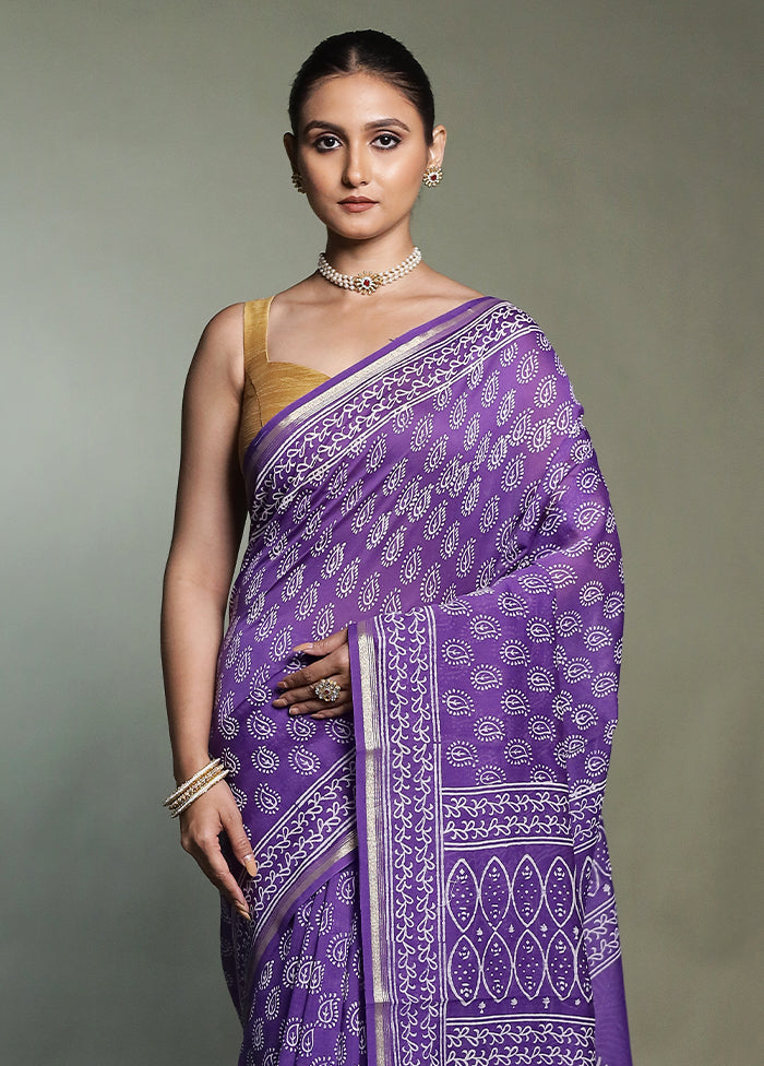 Purple Chanderi Cotton Saree With Blouse Piece
