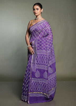 Purple Chanderi Cotton Saree With Blouse Piece