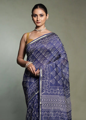 Blue Chanderi Cotton Saree With Blouse Piece