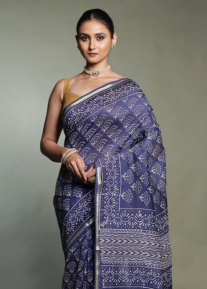 Blue Chanderi Cotton Saree With Blouse Piece