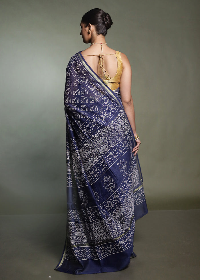 Blue Chanderi Cotton Saree With Blouse Piece