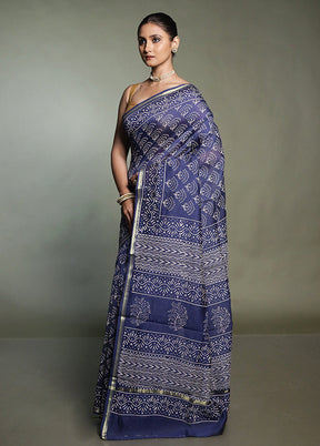 Blue Chanderi Cotton Saree With Blouse Piece