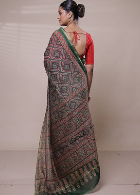 Green Chanderi Cotton Saree With Blouse Piece