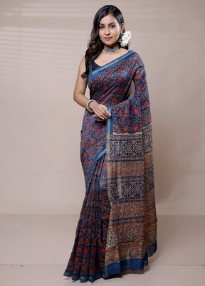 Blue Chanderi Cotton Saree With Blouse Piece