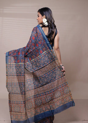 Blue Chanderi Cotton Saree With Blouse Piece