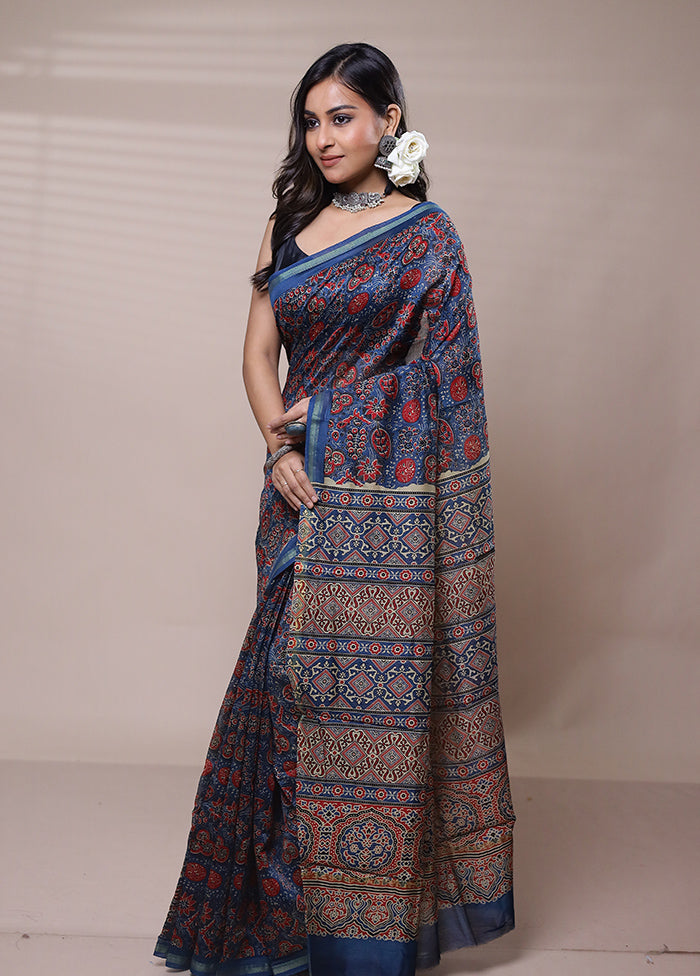 Blue Chanderi Cotton Saree With Blouse Piece