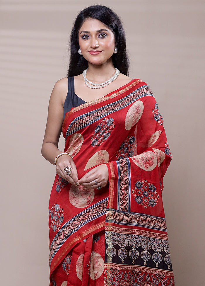 Red Chanderi Cotton Saree With Blouse Piece