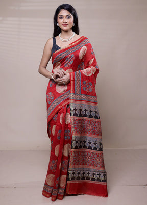 Red Chanderi Cotton Saree With Blouse Piece