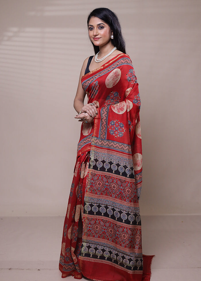 Red Chanderi Cotton Saree With Blouse Piece