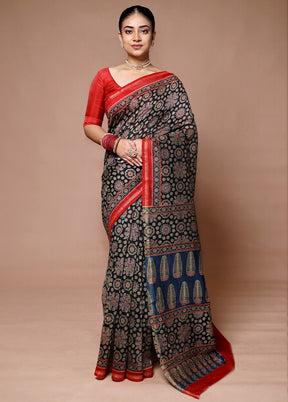 Black Chanderi Cotton Saree With Blouse Piece