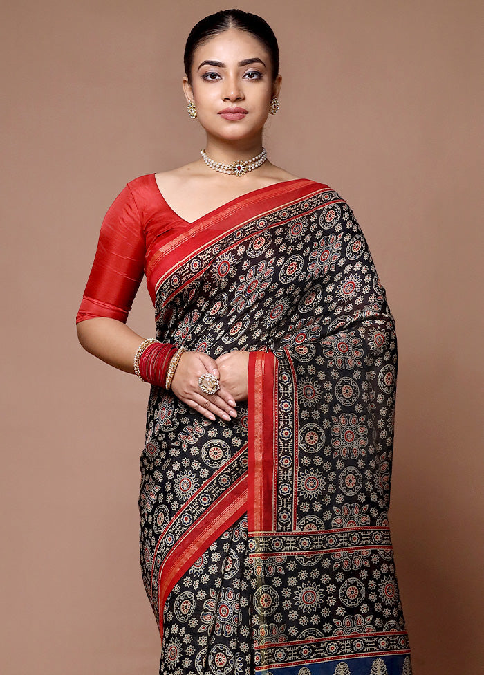 Black Chanderi Cotton Saree With Blouse Piece