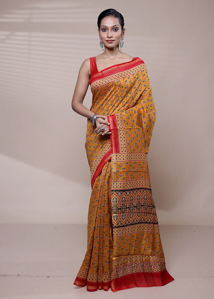 Yellow Chanderi Cotton Saree With Blouse Piece