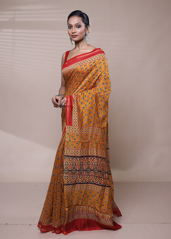 Yellow Chanderi Cotton Saree With Blouse Piece