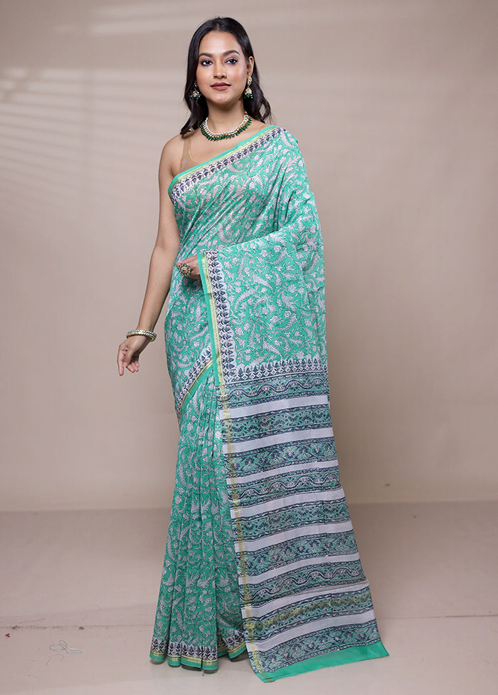 Green Chanderi Cotton Saree With Blouse Piece