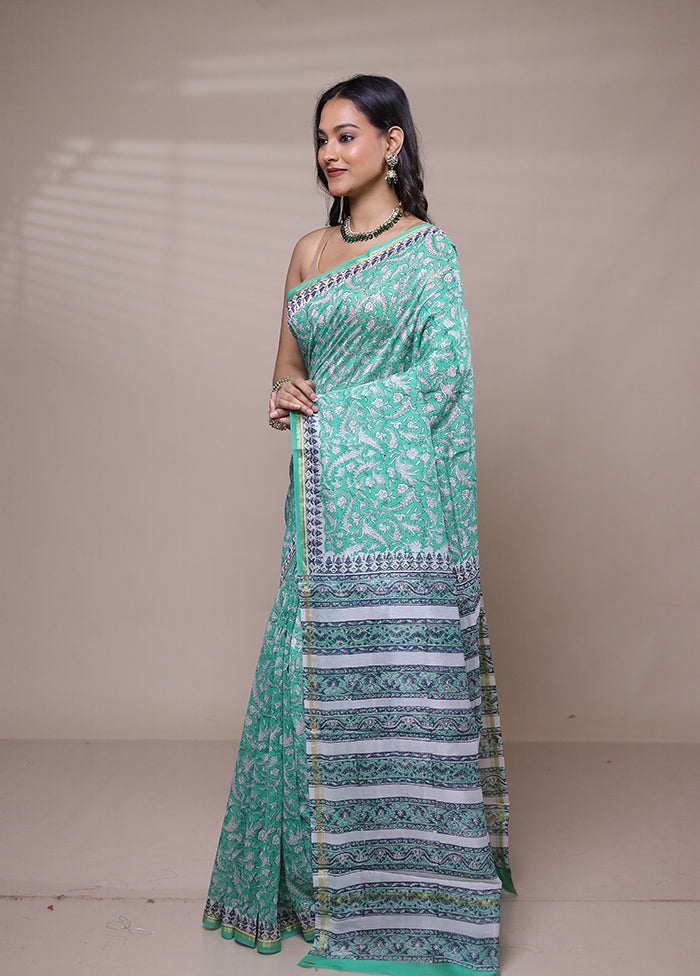 Green Chanderi Cotton Saree With Blouse Piece