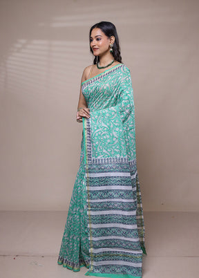 Green Chanderi Cotton Saree With Blouse Piece