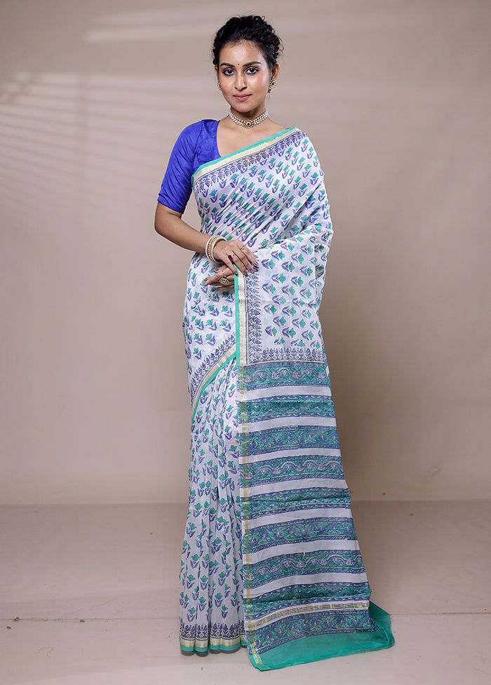 White Chanderi Cotton Saree With Blouse Piece