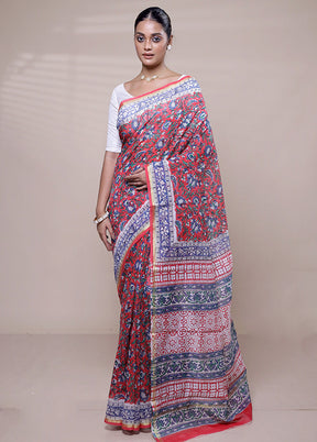 Red Chanderi Cotton Saree With Blouse Piece