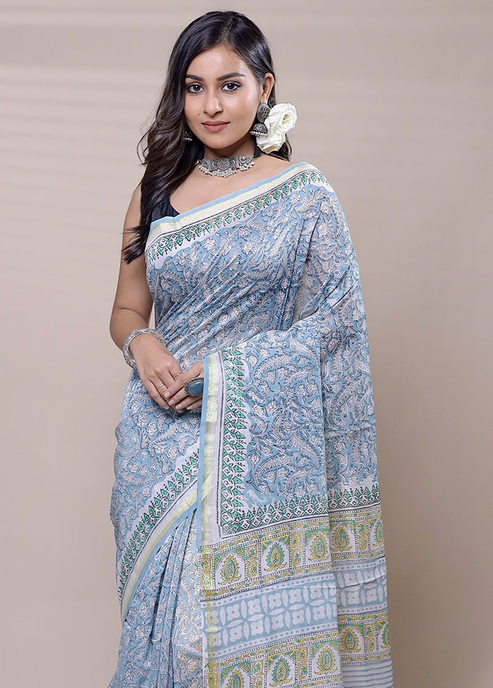 Blue Chanderi Cotton Saree With Blouse Piece