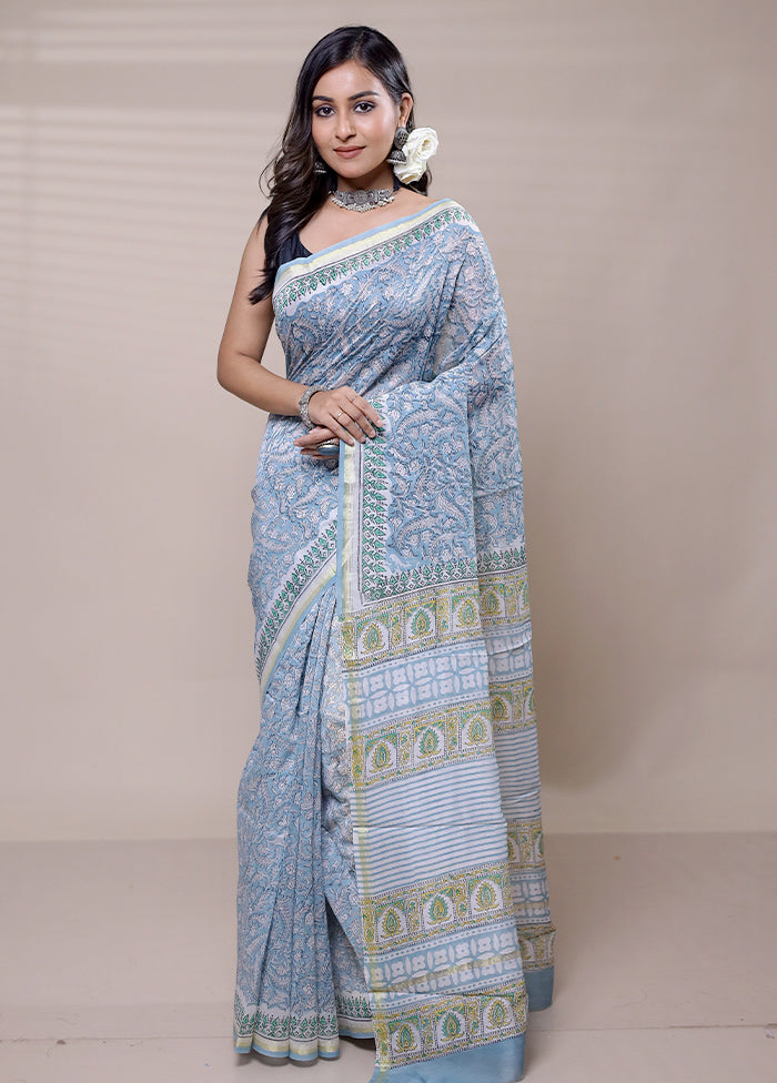 Blue Chanderi Cotton Saree With Blouse Piece