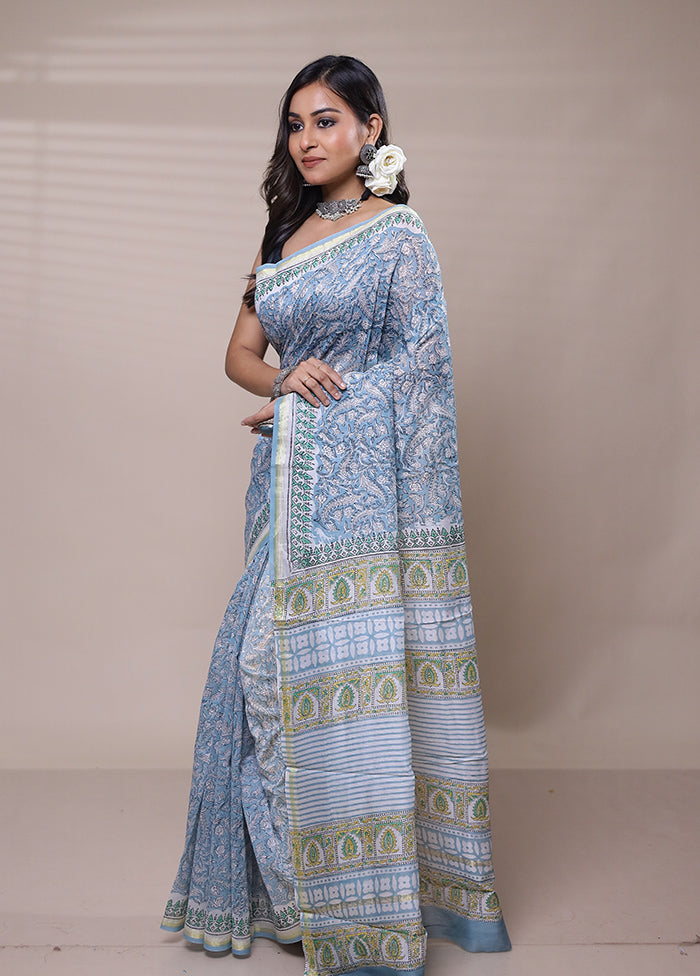 Blue Chanderi Cotton Saree With Blouse Piece