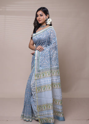 Blue Chanderi Cotton Saree With Blouse Piece