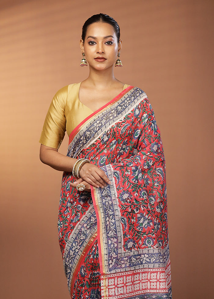 Red Chanderi Cotton Saree With Blouse Piece