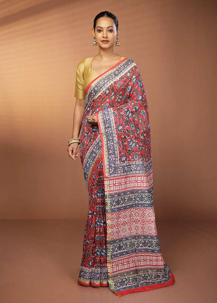 Red Chanderi Cotton Saree With Blouse Piece