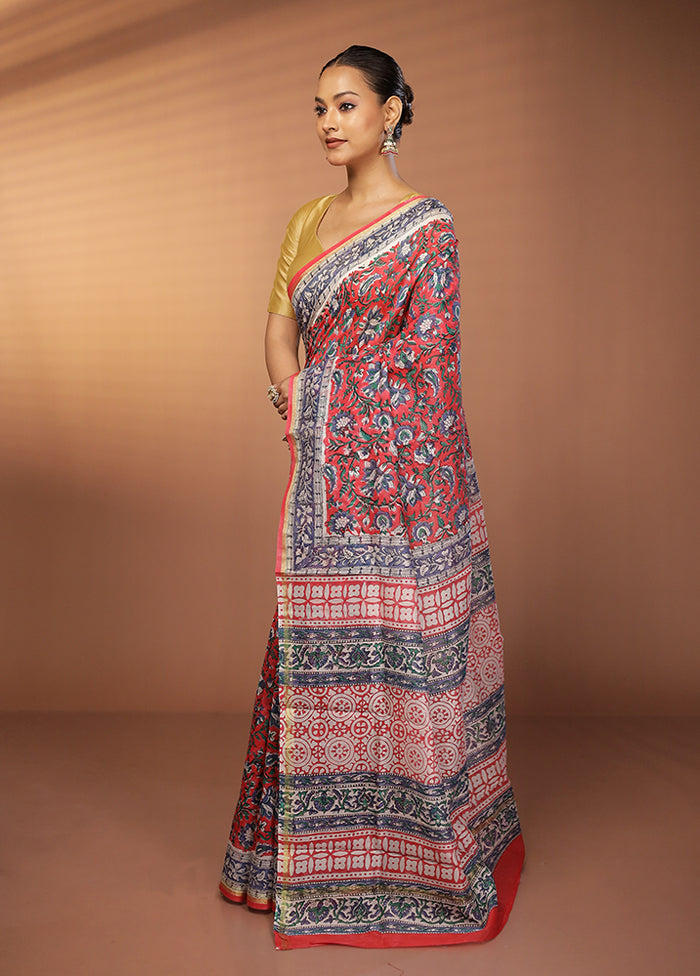 Red Chanderi Cotton Saree With Blouse Piece