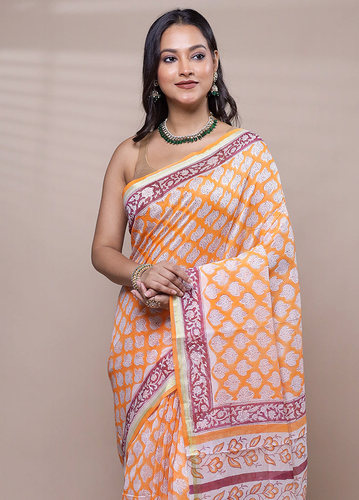 Yellow Chanderi Cotton Saree With Blouse Piece