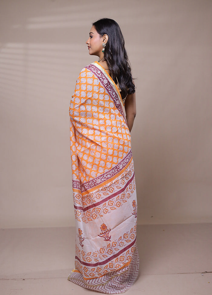 Yellow Chanderi Cotton Saree With Blouse Piece