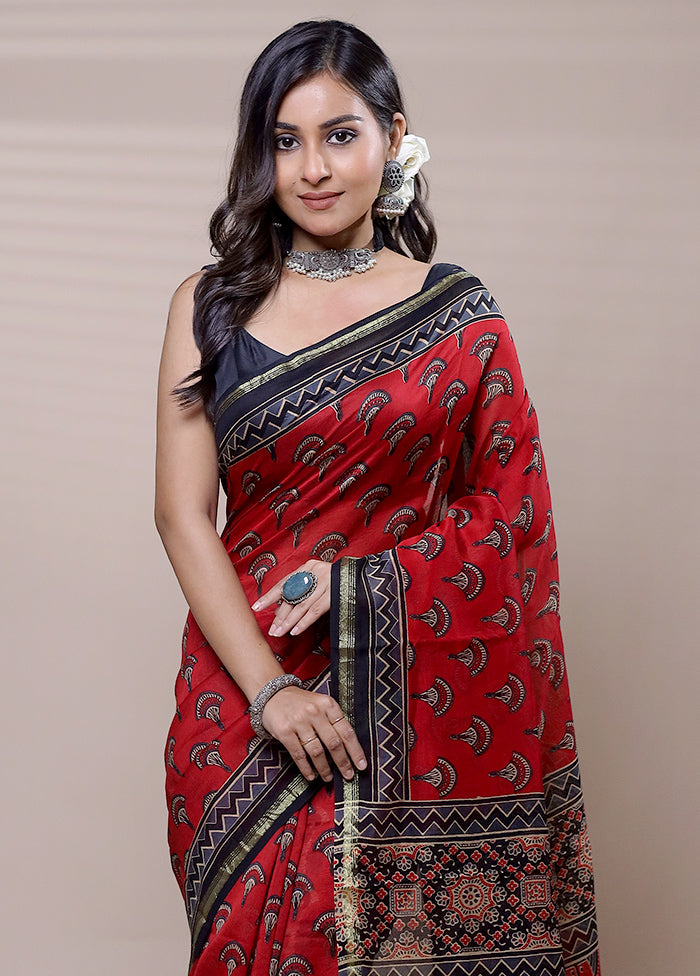 Red Chanderi Cotton Saree With Blouse Piece