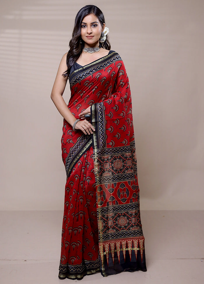 Red Chanderi Cotton Saree With Blouse Piece