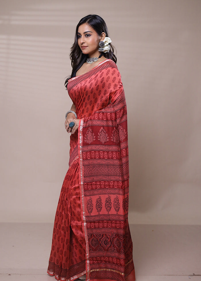 Red Chanderi Cotton Saree With Blouse Piece