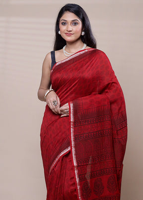 Red Chanderi Cotton Saree With Blouse Piece