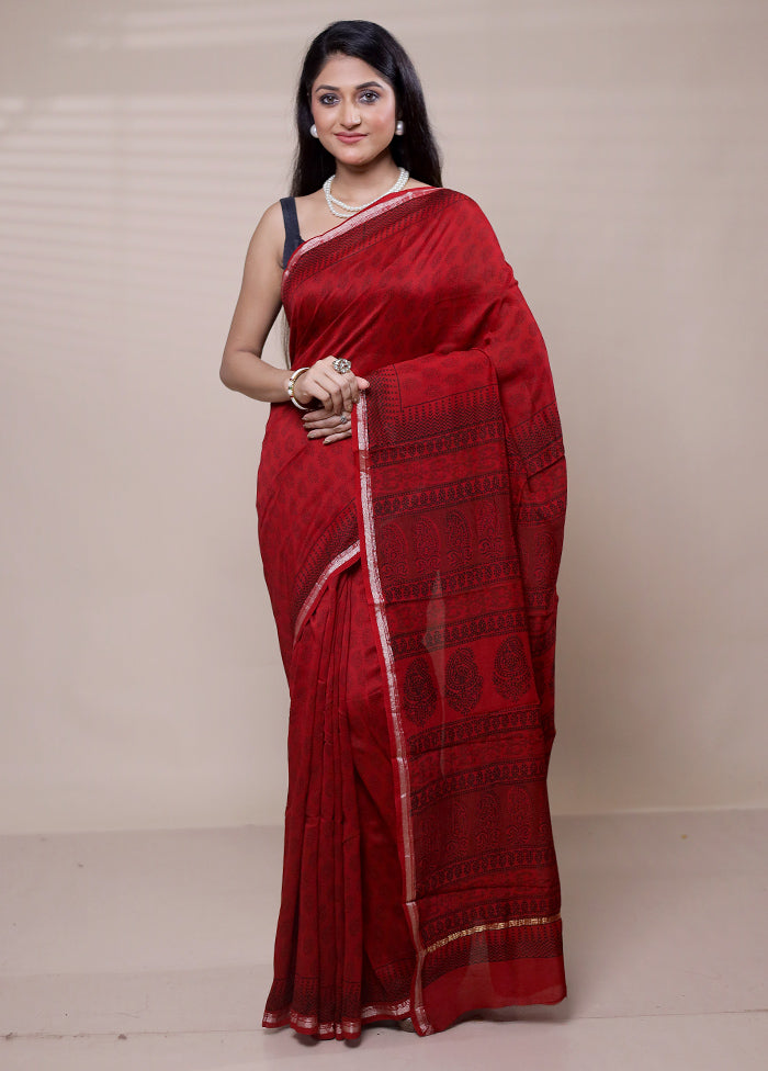 Red Chanderi Cotton Saree With Blouse Piece