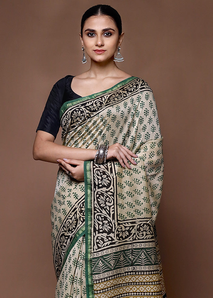 Cream Chanderi Cotton Saree With Blouse Piece